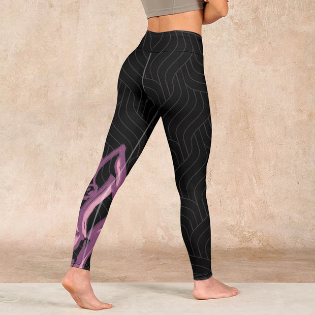 Buddha Stones Black Pink Lotus Flower Print Gym Leggings Women's Yoga Pants