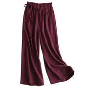 Buddha Stones Casual Plain Color Lace-up Cotton Linen Women's Wide Leg Pants