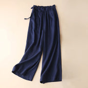 Buddha Stones Casual Plain Color Lace-up Cotton Linen Women's Wide Leg Pants Women's Wide Leg Pants BS Navy US12，UK/AU16，EU44 (3XL)