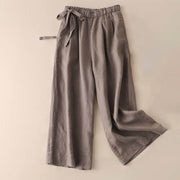 Buddha Stones Casual Plain Color Lace-up Cotton Linen Women's Wide Leg Pants