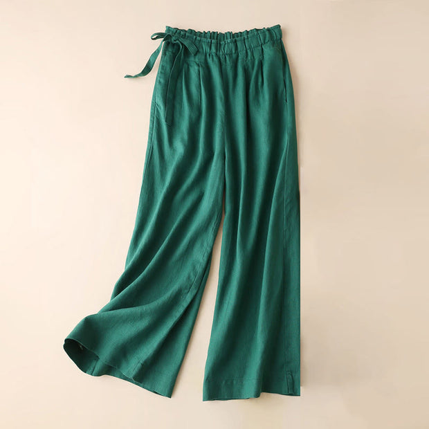 Buddha Stones Casual Plain Color Lace-up Cotton Linen Women's Wide Leg Pants