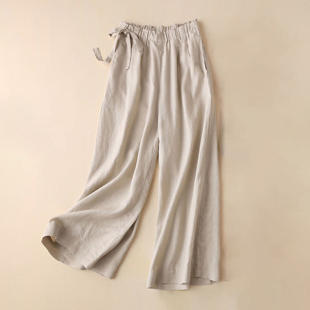 Buddha Stones Casual Plain Color Lace-up Cotton Linen Women's Wide Leg Pants Women's Wide Leg Pants BS Beige US12，UK/AU16，EU44 (3XL)