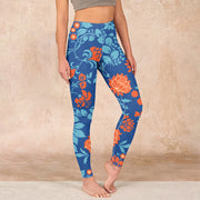 Buddha Stones Steel Blue Red Tulips Flowers Leaves Print Gym Leggings Women's Yoga Pants - SteelBlue - US18，UK/AU22，EU50 (4XL) - image 1