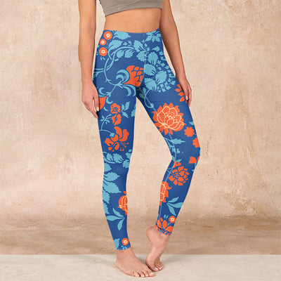 Buddha Stones Steel Blue Red Tulips Flowers Leaves Print Gym Leggings Women's Yoga Pants Leggings BS SteelBlue US18，UK/AU22，EU50 (4XL)