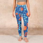 Buddha Stones Steel Blue Red Tulips Flowers Leaves Print Gym Leggings Women's Yoga Pants - image 2