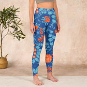 Buddha Stones Steel Blue Red Tulips Flowers Leaves Print Gym Leggings Women's Yoga Pants