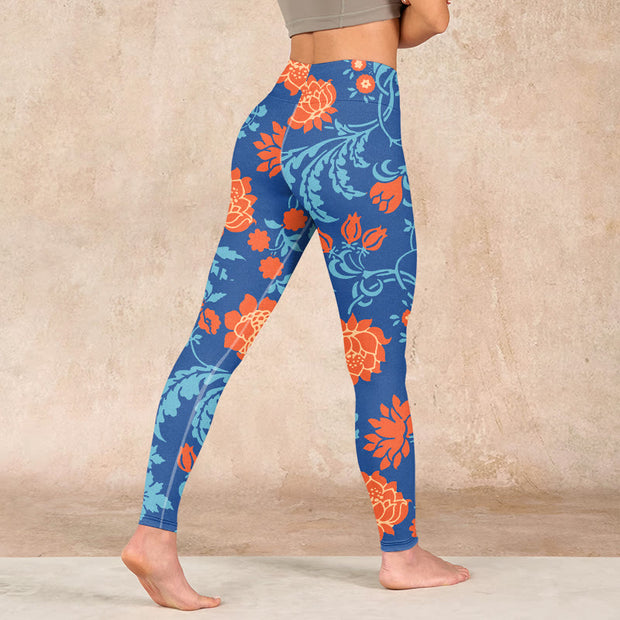 Buddha Stones Steel Blue Red Tulips Flowers Leaves Print Gym Leggings Women's Yoga Pants - image 5