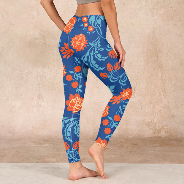 Buddha Stones Steel Blue Red Tulips Flowers Leaves Print Gym Leggings Women's Yoga Pants - image 3