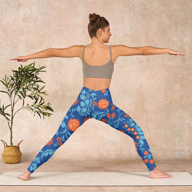 Buddha Stones Steel Blue Red Tulips Flowers Leaves Print Gym Leggings Women's Yoga Pants