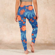 Buddha Stones Steel Blue Red Tulips Flowers Leaves Print Gym Leggings Women's Yoga Pants Leggings BS 17