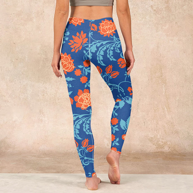 Buddha Stones Steel Blue Red Tulips Flowers Leaves Print Gym Leggings Women's Yoga Pants