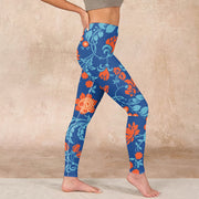 Buddha Stones Steel Blue Red Tulips Flowers Leaves Print Gym Leggings Women's Yoga Pants