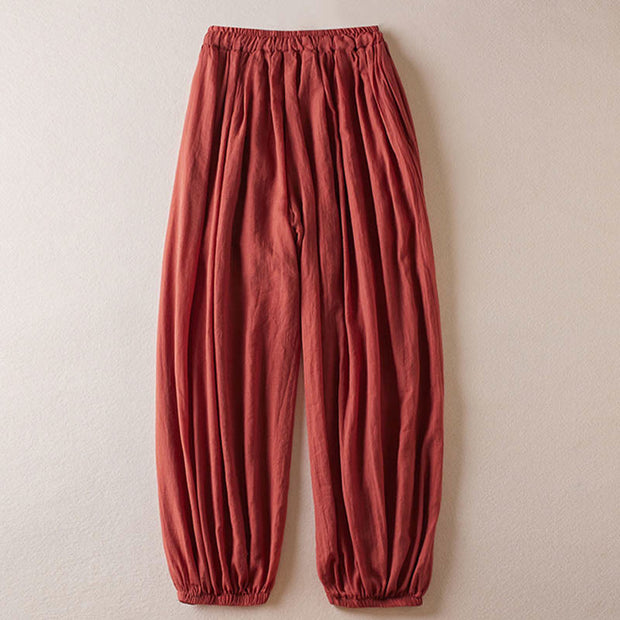 Buddha Stones Plain Color Cotton Linen Drawstring Women's Pants With Pockets