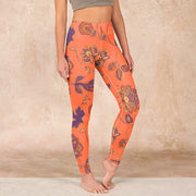 Buddha Stones Orange Maple Leaves Flowers Print Gym Leggings Women's Yoga Pants - Coral - US18，UK/AU22，EU50 (4XL) - image 1