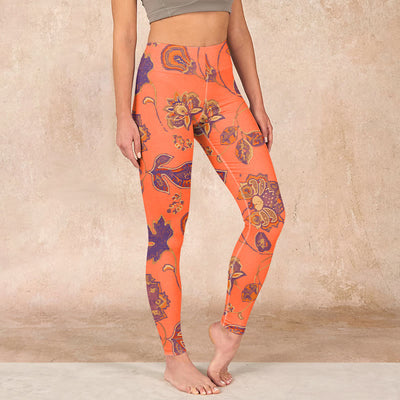 Buddha Stones Orange Maple Leaves Flowers Print Gym Leggings Women's Yoga Pants - Coral - US18，UK/AU22，EU50 (4XL) - image 1