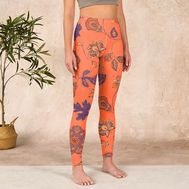 Buddha Stones Orange Maple Leaves Flowers Print Gym Leggings Women's Yoga Pants Leggings BS 3