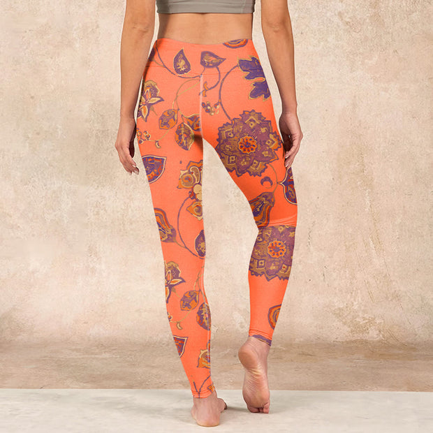 Buddha Stones Orange Maple Leaves Flowers Print Gym Leggings Women's Yoga Pants