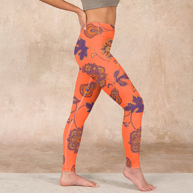 Buddha Stones Orange Maple Leaves Flowers Print Gym Leggings Women's Yoga Pants Leggings BS 16