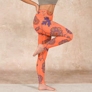 Buddha Stones Orange Maple Leaves Flowers Print Gym Leggings Women's Yoga Pants Leggings BS 15