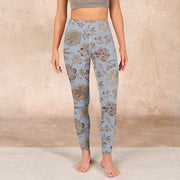 Buddha Stones Grey Green Leaves Flowers Print Gym Leggings Women's Yoga Pants Leggings BS 1