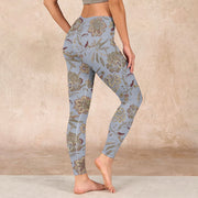 Buddha Stones Grey Green Leaves Flowers Print Gym Leggings Women's Yoga Pants Leggings BS 2