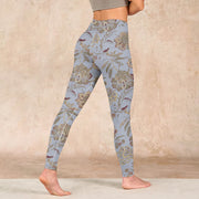 Buddha Stones Grey Green Leaves Flowers Print Gym Leggings Women's Yoga Pants