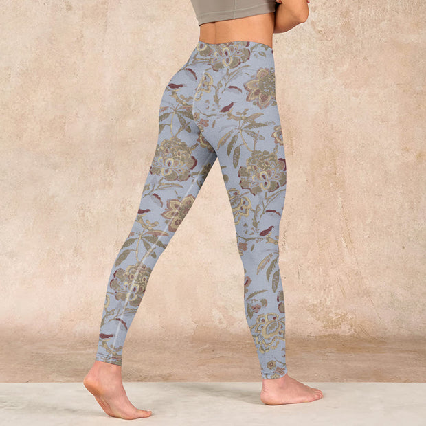 Buddha Stones Grey Green Leaves Flowers Print Gym Leggings Women's Yoga Pants - image 5