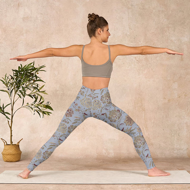 Buddha Stones Grey Green Leaves Flowers Print Gym Leggings Women's Yoga Pants - image 12