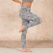 Buddha Stones Grey Green Leaves Flowers Print Gym Leggings Women's Yoga Pants Leggings BS 17