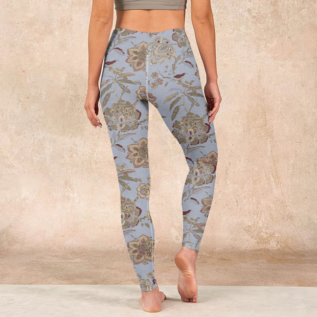 Buddha Stones Grey Green Leaves Flowers Print Gym Leggings Women's Yoga Pants