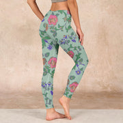 Buddha Stones Green Red Roses Green Leaves Print Gym Leggings Women's Yoga Pants