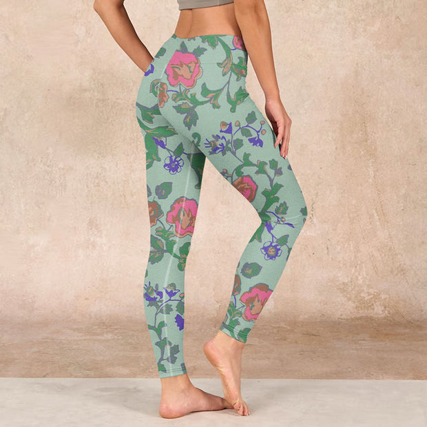 Buddha Stones Green Red Roses Green Leaves Print Gym Leggings Women's Yoga Pants