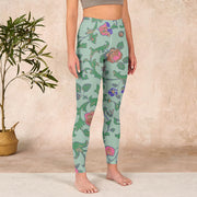 Buddha Stones Green Red Roses Green Leaves Print Gym Leggings Women's Yoga Pants