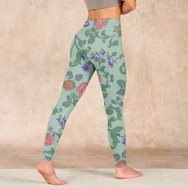 Buddha Stones Green Red Roses Green Leaves Print Gym Leggings Women's Yoga Pants