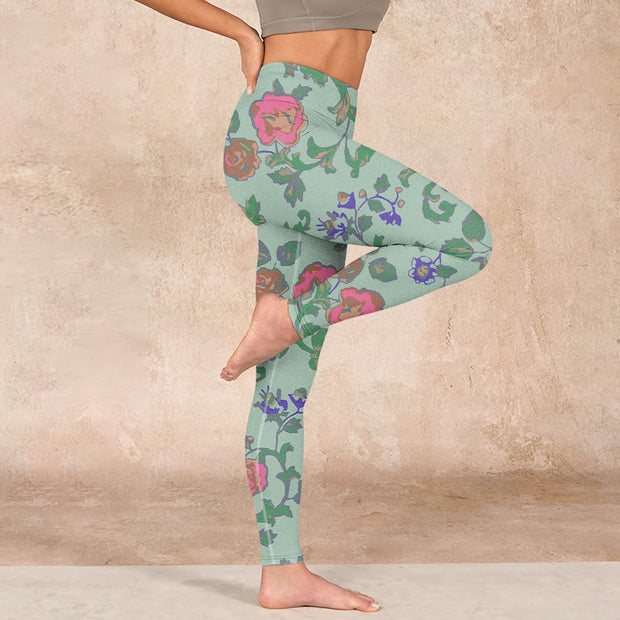 Buddha Stones Green Red Roses Green Leaves Print Gym Leggings Women's Yoga Pants