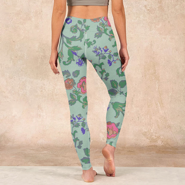 Buddha Stones Green Red Roses Green Leaves Print Gym Leggings Women's Yoga Pants