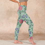 Buddha Stones Green Red Roses Green Leaves Print Gym Leggings Women's Yoga Pants Leggings BS 16