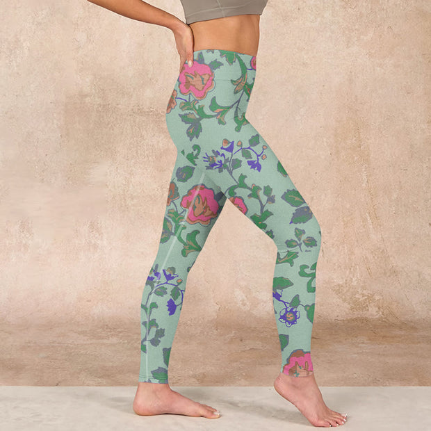 Buddha Stones Green Red Roses Green Leaves Print Gym Leggings Women's Yoga Pants