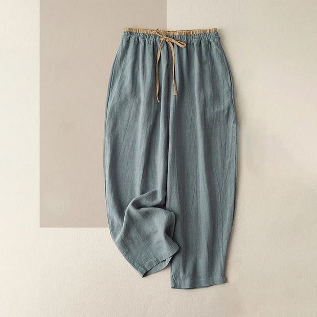 Buddha Stones Casual Solid Color Cotton Linen Drawstring Women's Pants With Pockets Women's Pants BS CadetBlue US8-10，UK/AU12-14，EU40-42 (2XL)