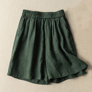 Buddha Stones Casual Plain Color Cotton Linen Women's Shorts With Pockets Women's Shorts BS ForestGreen US12，UK/AU16，EU44 (3XL)