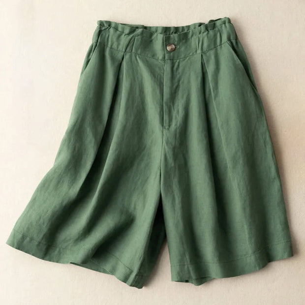 Buddha Stones Casual Solid Color Button Zipper Cotton Linen Women's Shorts With Pockets Women's Shorts BS SeaGreen US12，UK/AU16，EU44 (3XL)