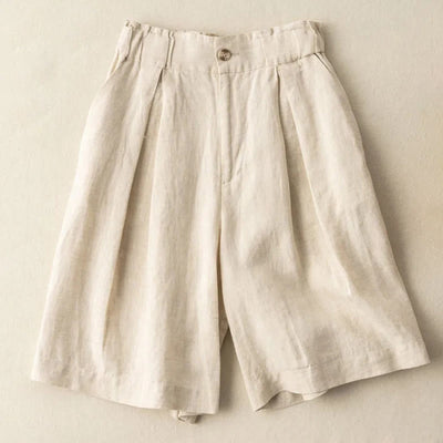 Buddha Stones Casual Solid Color Button Zipper Cotton Linen Women's Shorts With Pockets