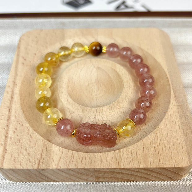 Buddha Stones Strawberry Quartz Pixiu Rutilated Quartz Beads Healing Bracelet