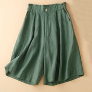 Buddha Stones Plain Color Pleated Zipper Button Cotton Linen Women's Shorts With Pockets