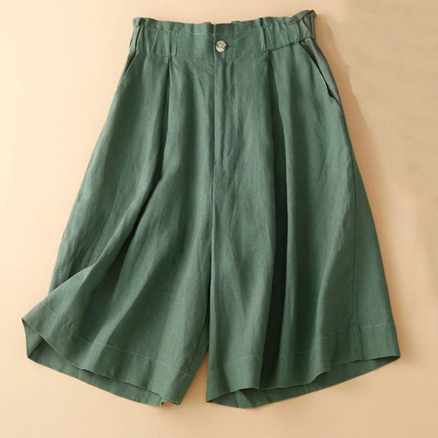 Buddha Stones Plain Color Pleated Zipper Button Cotton Linen Women's Shorts With Pockets Women's Shorts BS 15