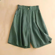 Buddha Stones Plain Color Pleated Zipper Button Cotton Linen Women's Shorts With Pockets Women's Shorts BS SeaGreen US12，UK/AU16，EU44 (3XL)