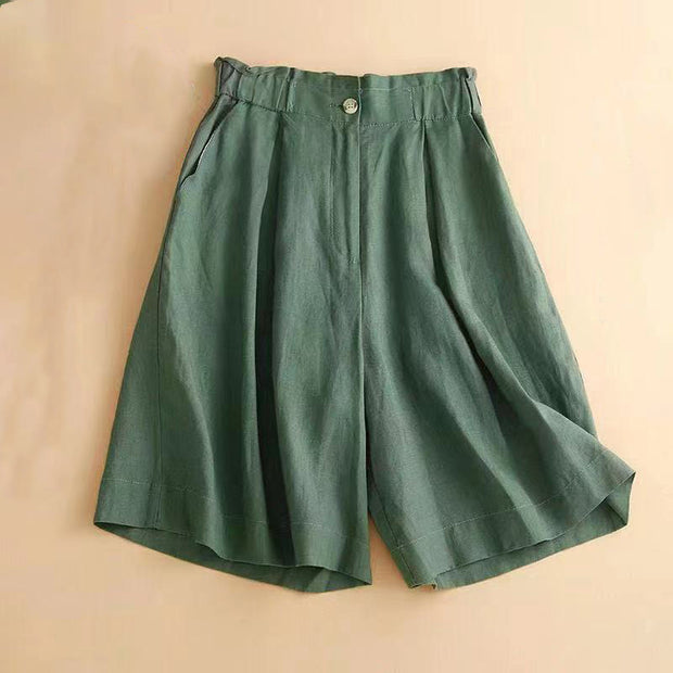 Buddha Stones Plain Color Pleated Zipper Button Cotton Linen Women's Shorts With Pockets Women's Shorts BS SeaGreen US12，UK/AU16，EU44 (3XL)