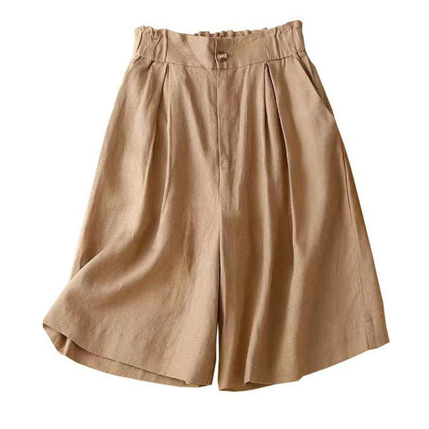 Buddha Stones Plain Color Pleated Zipper Button Cotton Linen Women's Shorts With Pockets