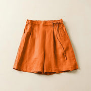 Buddha Stones Solid Color Two Buttons Lace-up Cotton Linen Women's Shorts With Pockets Women's Shorts BS DarkOrange US12，UK/AU16，EU44 (3XL)