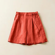 Buddha Stones Solid Color Two Buttons Lace-up Cotton Linen Women's Shorts With Pockets Women's Shorts BS OrangeRed US12，UK/AU16，EU44 (3XL)